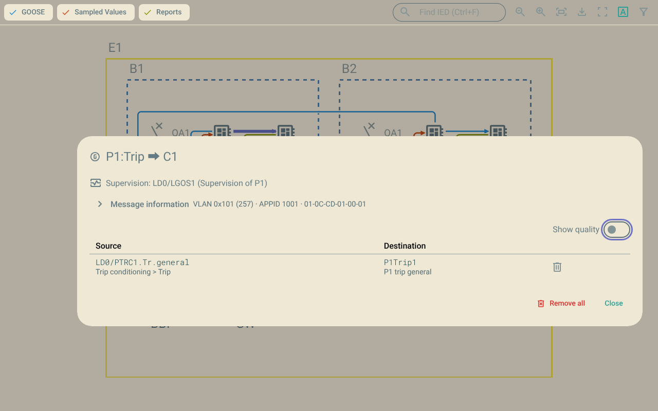 The connection details dialog with the message information and the table of inputs.