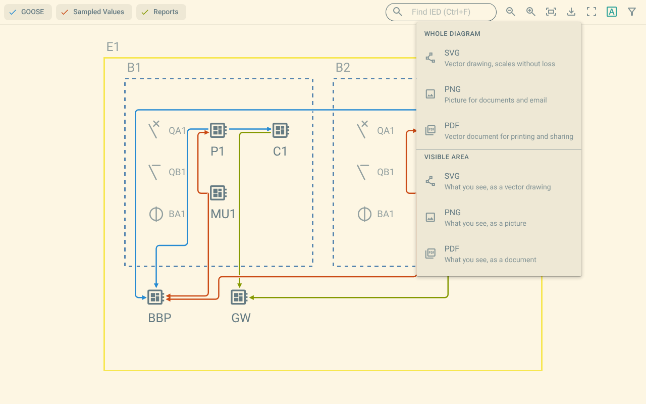 The Export image menu with the Whole diagram and Visible area groups and the three formats.