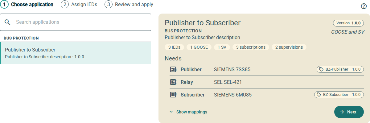 The Apply tab. A list of applications with a search field is on the left. The details of the chosen application are on the right: its version, its counts and the IED that each function needs.