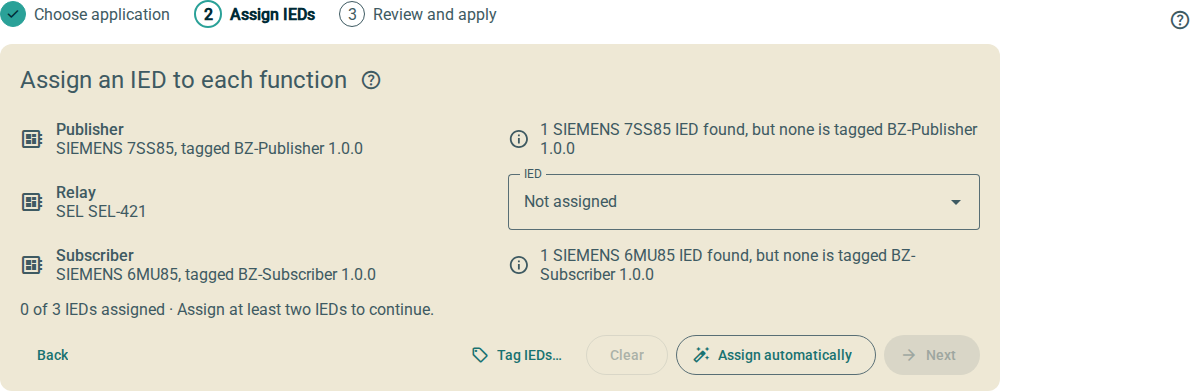 The Assign IEDs step. Publisher and Subscriber show the reason that no IED can fill them: one IED of the correct type is in the document, but it does not have the stencil tag.