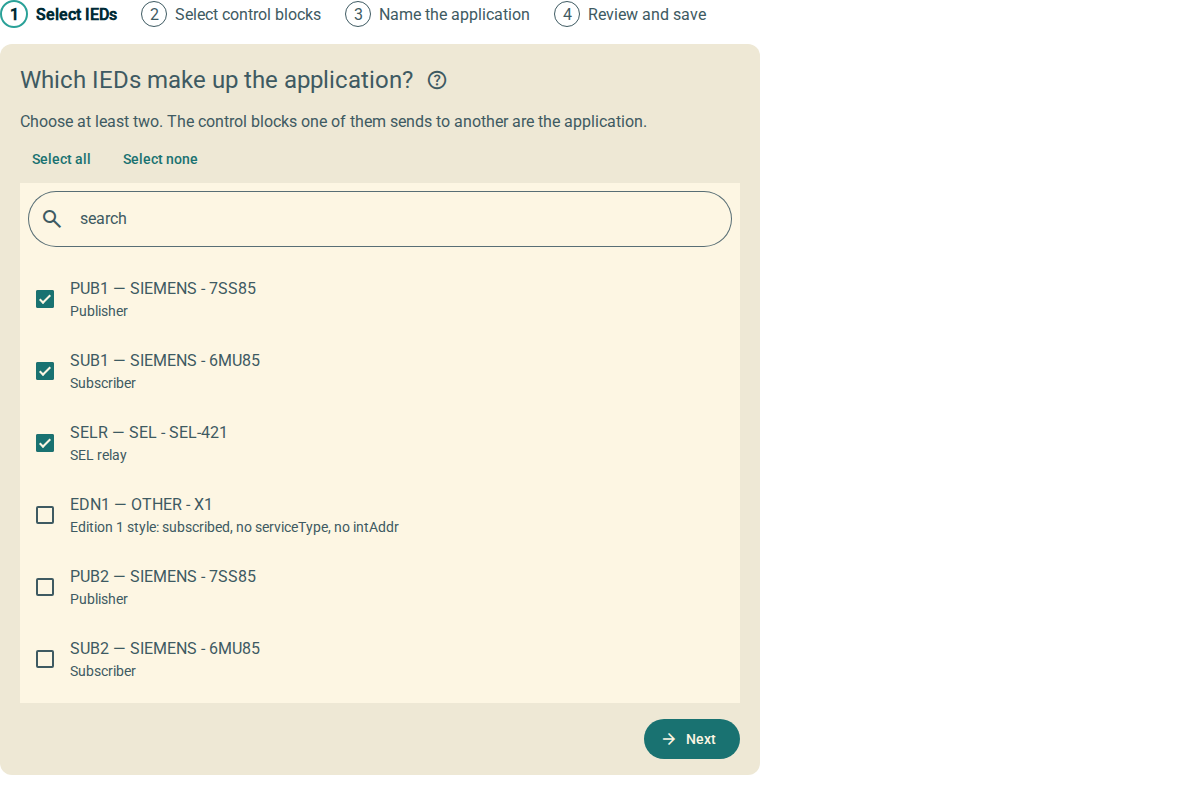 The Select IEDs step. The heading asks which IEDs make up the application. A list of IEDs with check boxes has PUB1, SUB1 and SELR selected. The Next button is at the bottom.