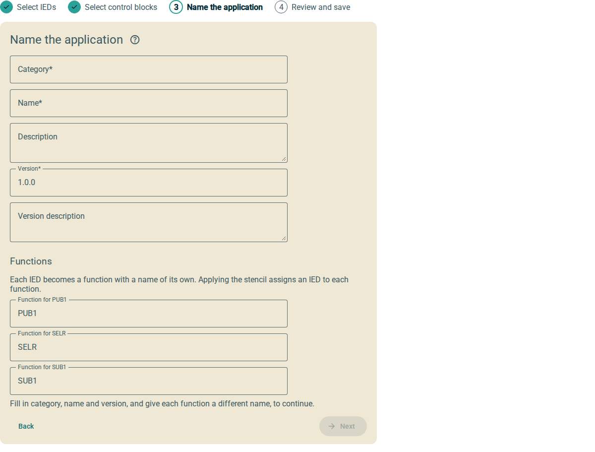 The Name the application step. It has the fields Category, Name, Description, Version and Version description, and a Function for field for each IED.