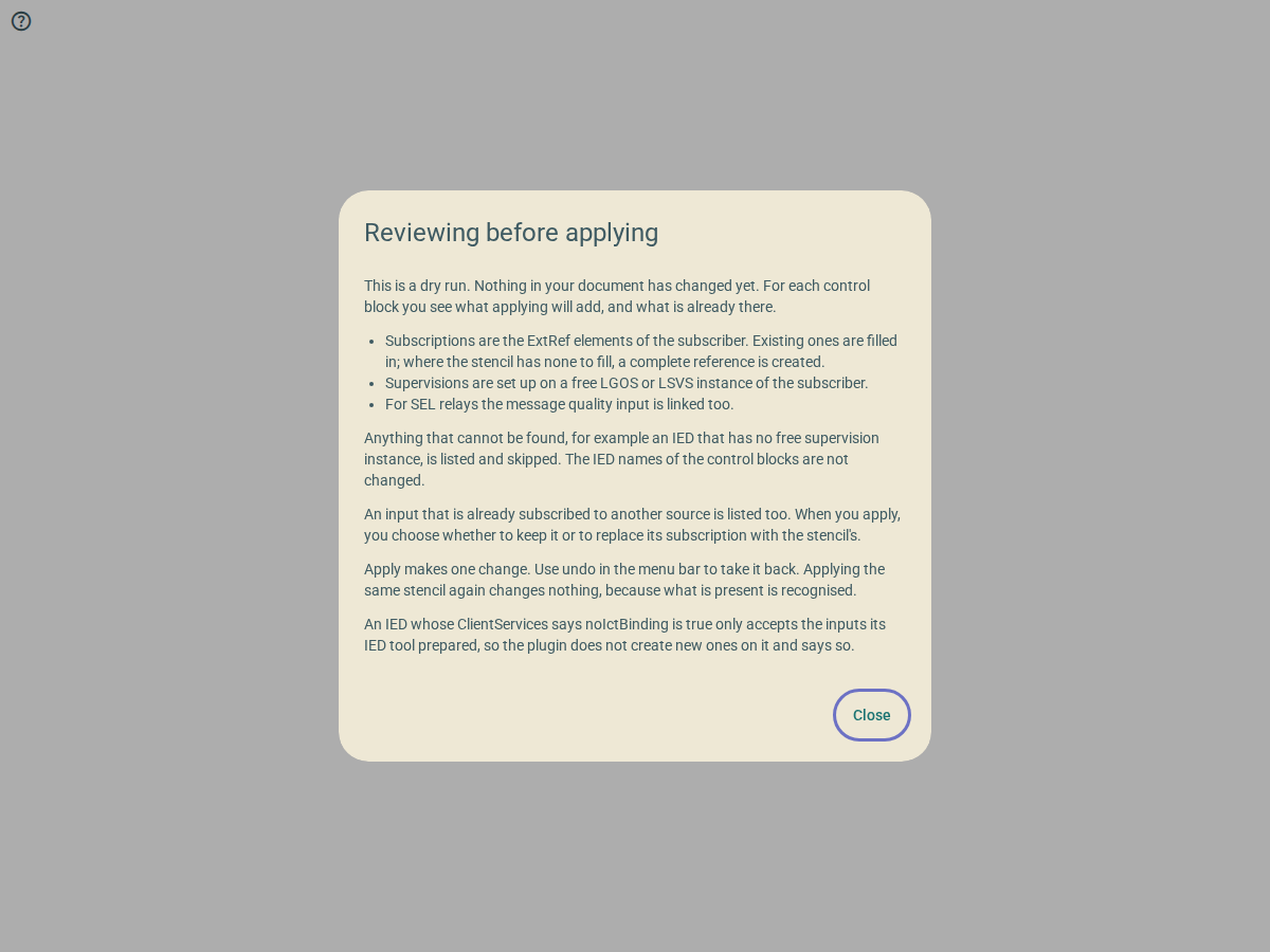 A dialog with the title Reviewing before applying. It explains the review step in a few short paragraphs and has a Close button.