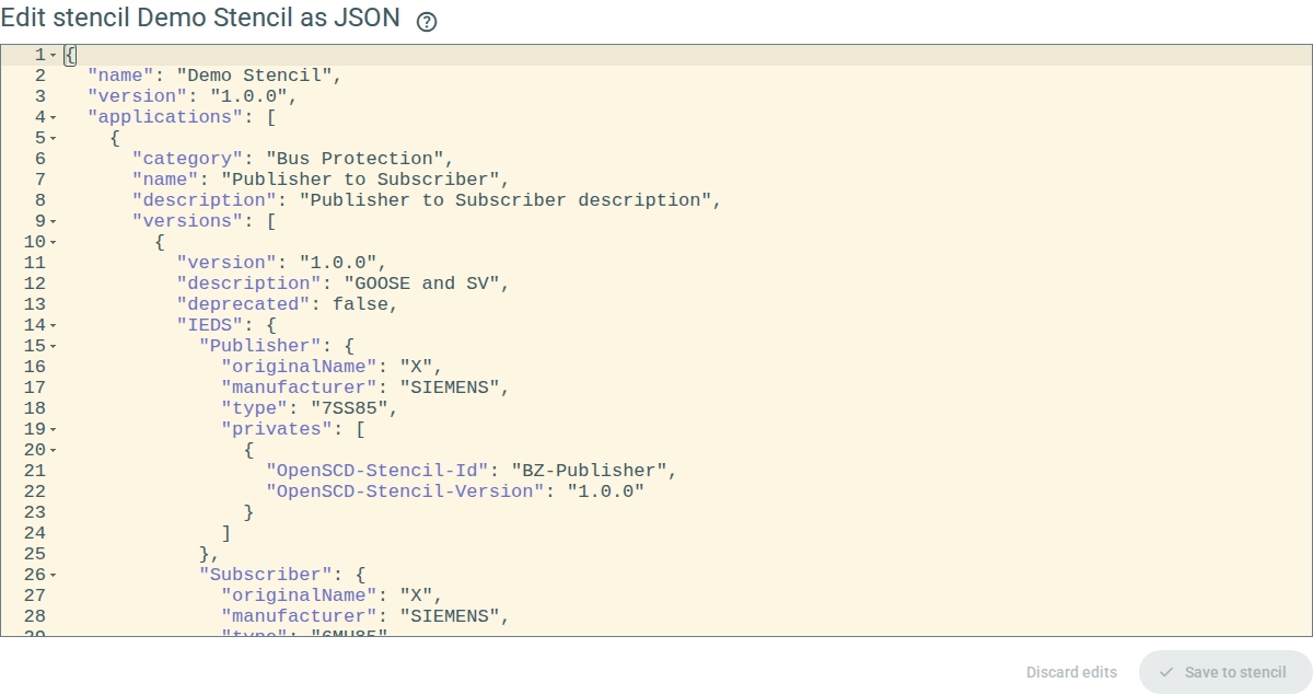 The JSON editor with the heading Edit stencil Demo Stencil as JSON. The editor shows the stencil as JSON text with syntax highlighting. The buttons Discard edits and Save to stencil are below the editor.