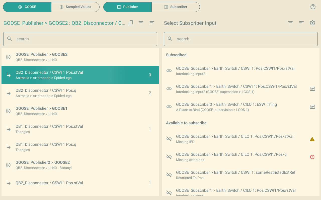 The publisher view. The published data is on the left. The inputs that subscribe to the selected data are on the right.