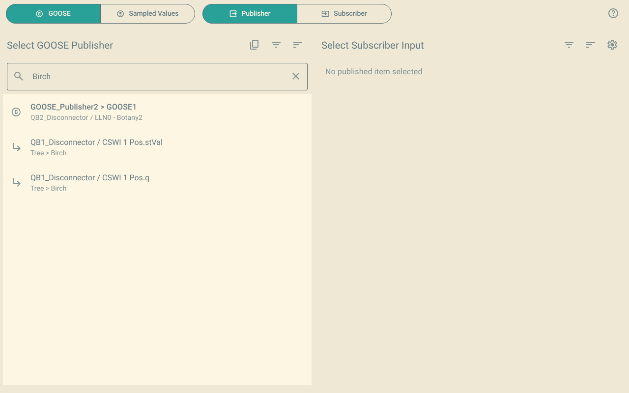 The publisher view with the text Birch in the search field. The list shows only the data with Birch in its description.
