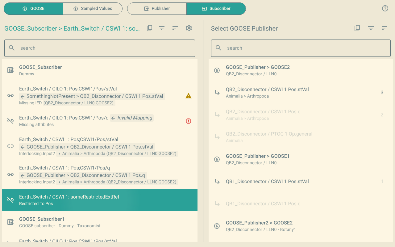The subscriber view. Each subscribed input shows its published data in a shaded area after an arrow. One input is selected.