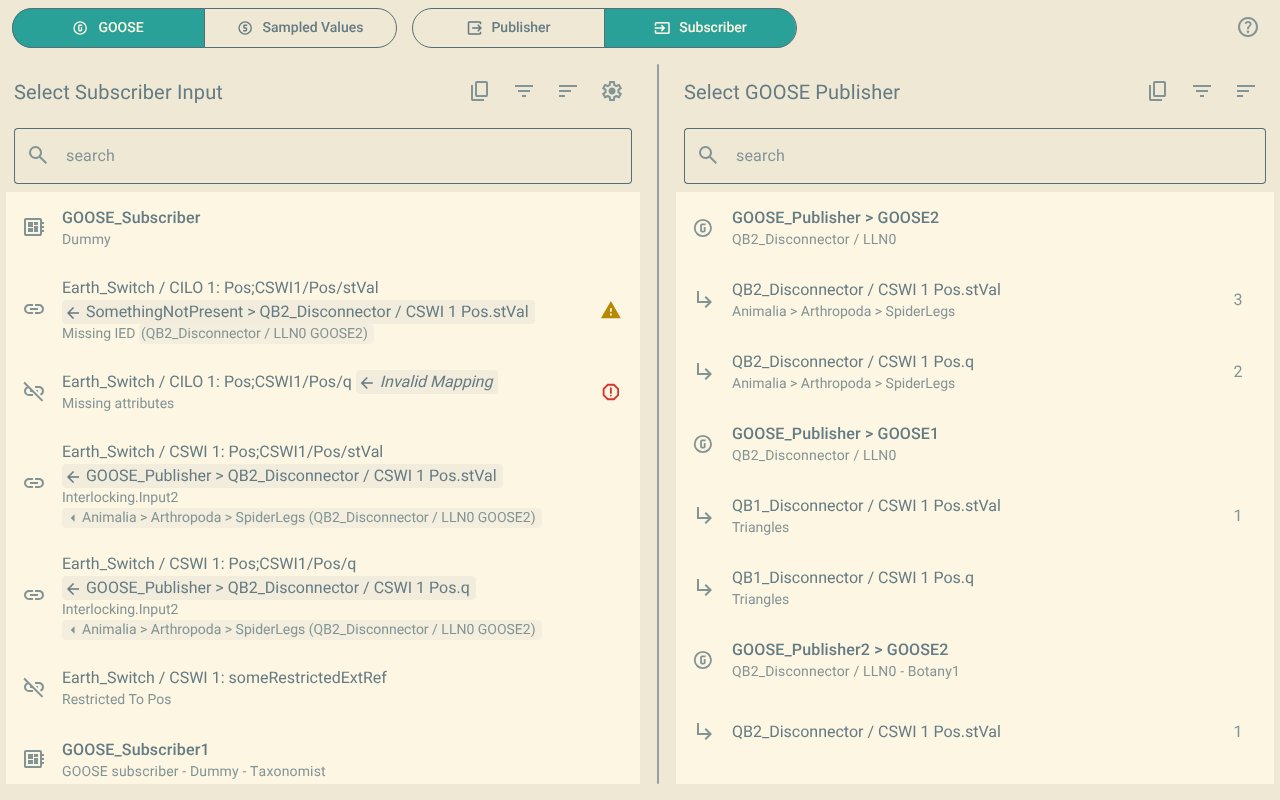 The subscriber view. The inputs of each IED are on the left. The published data is on the right.